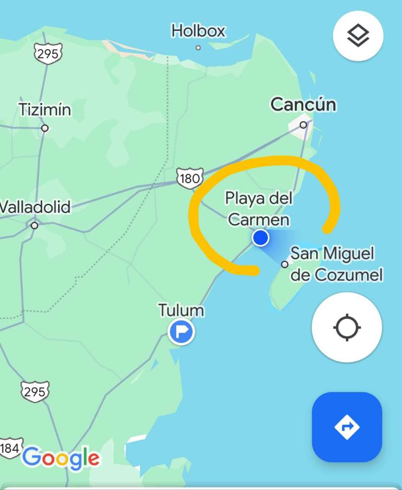 Map showing Playa del Carmen on the coast south of Cancun.